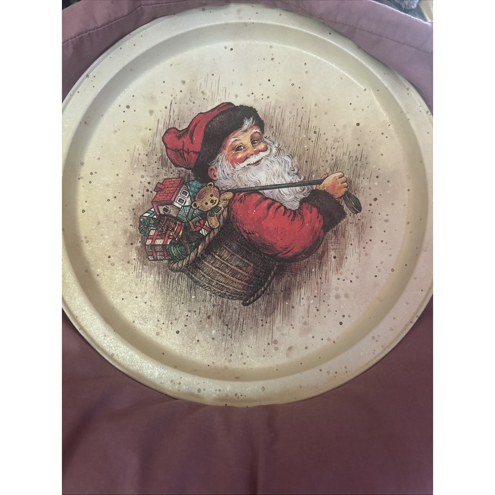 Vintage 13.5" Metal Tray-Santa w. Bag of Toys-Potpourri Press 1986 Folkart